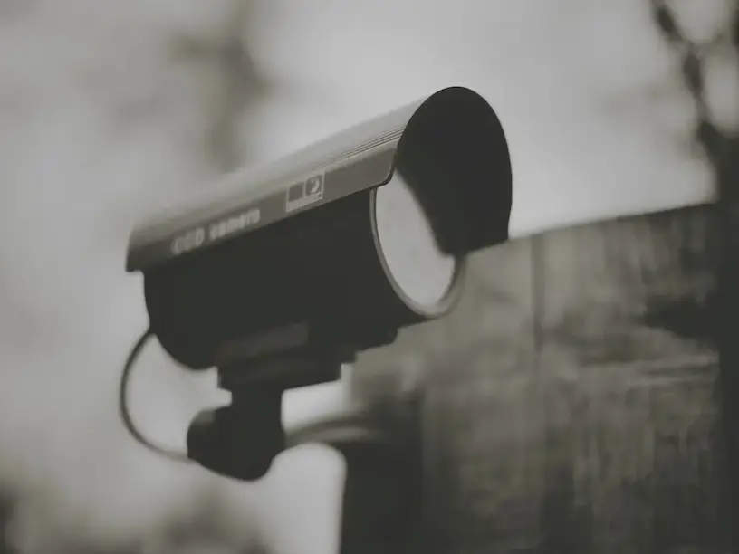 Et sort/hvidt foto af et sikkerhedskamera, der fanger hvad skylder naboen.